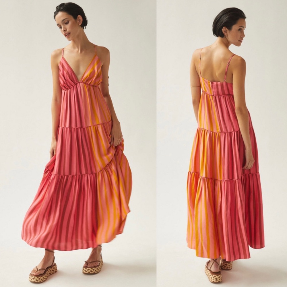 Farm x Anthropologie Deep-V Mixed-Stripe Maxi Dress